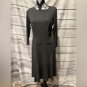 NWT Elegant Dark Grey Long Sleeve Knit Dress Office Date Confortable Midi A Line
